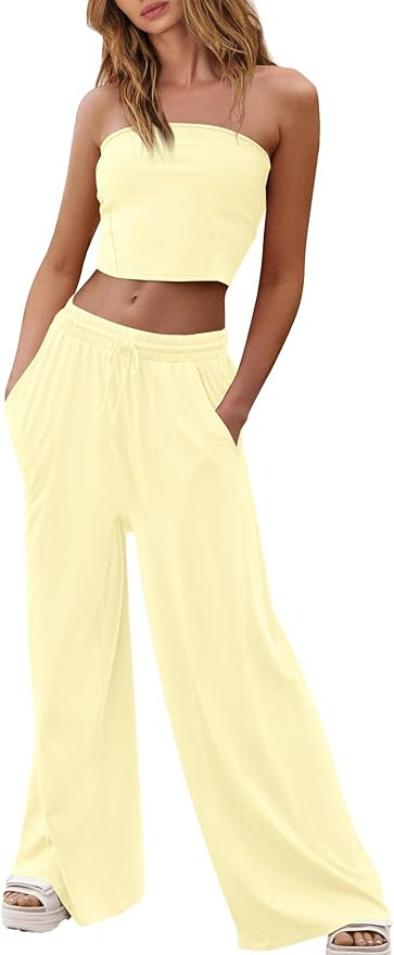 Yanekop Womens 2 Piece Lounge Set Tube Top and Pants Set Travel Sexy Two Piece Outfits Summer Bea... | Amazon (US)