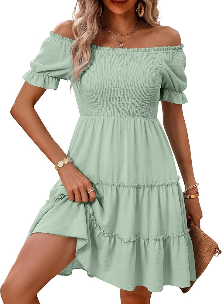 Women's Summer Off Shoulder Dress Square Neck Puff Sleeve Smocked Dresses Ruffle Hem Flowy Casual... | Amazon (US)