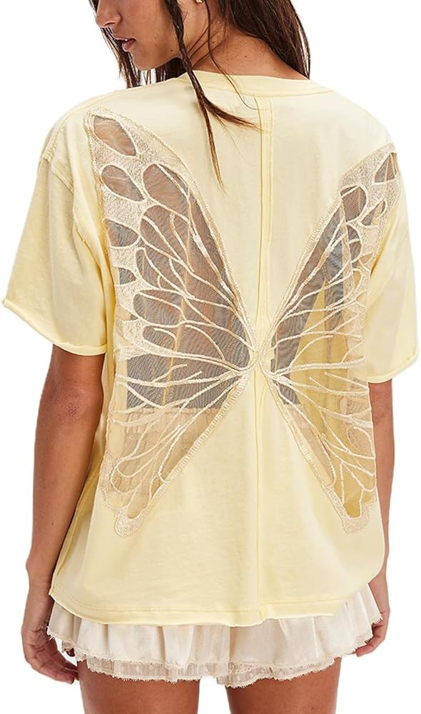 Camisas de gran tama\u00f1o con espalda de mariposa para mujer, manga corta, cuello redondo, colo... | Amazon (US)