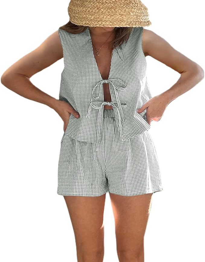 Women Y2k Gingham Set Tie front Tank Top Plaid Boxer Shorts 2 Piece Outfits Cute Summer Sets Loun... | Amazon (US)