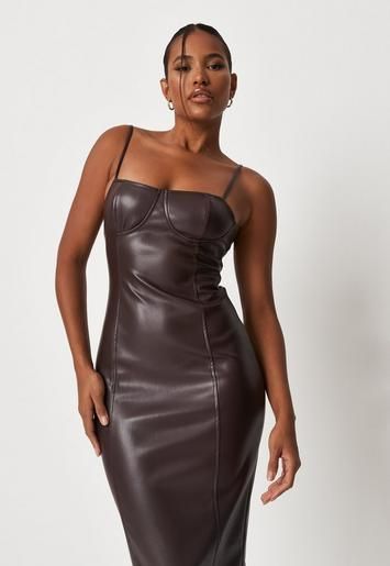 Chocolate Faux Leather Cami Midi Dress | Missguided (US & CA)