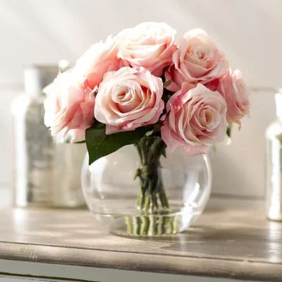 Faux Pink Roses in Glass Vase | Wayfair North America