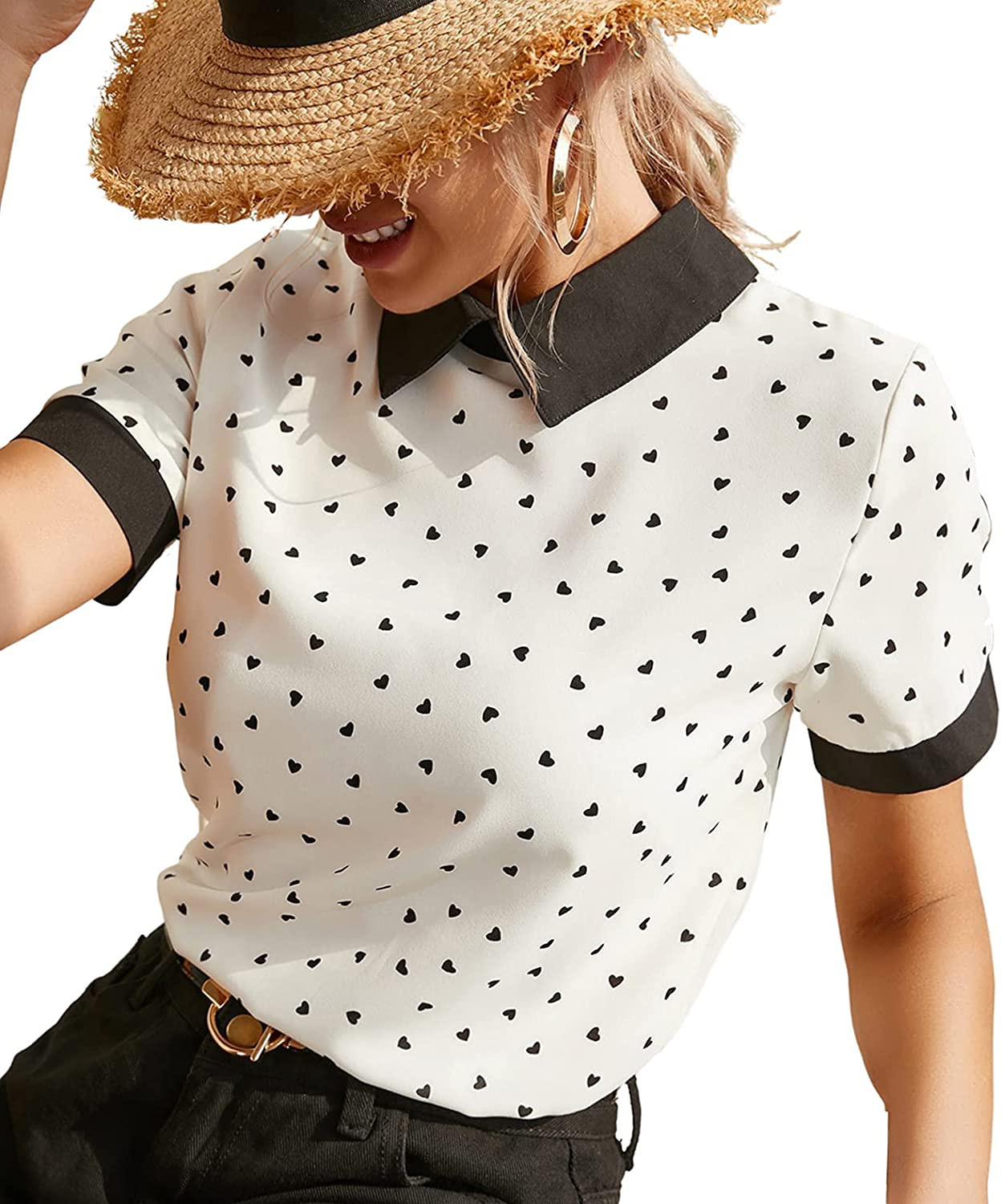 SheIn Women's Contrast Collar Short Sleeve Heart Print Work Blouse Tops Shirt | Amazon (US)