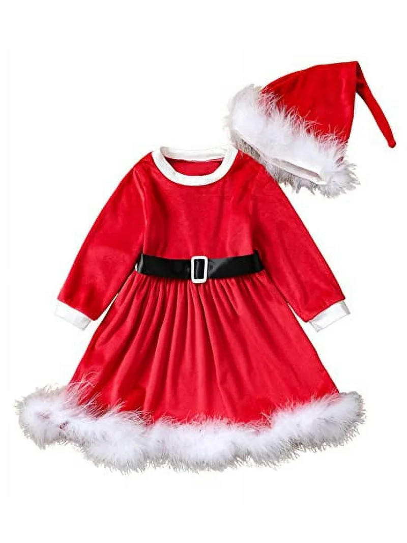 StylesILove Toddler Little Girls Long Sleeve Red Velvet Faux Fur Santa Claus Christmas Dress & Ha... | Walmart (US)