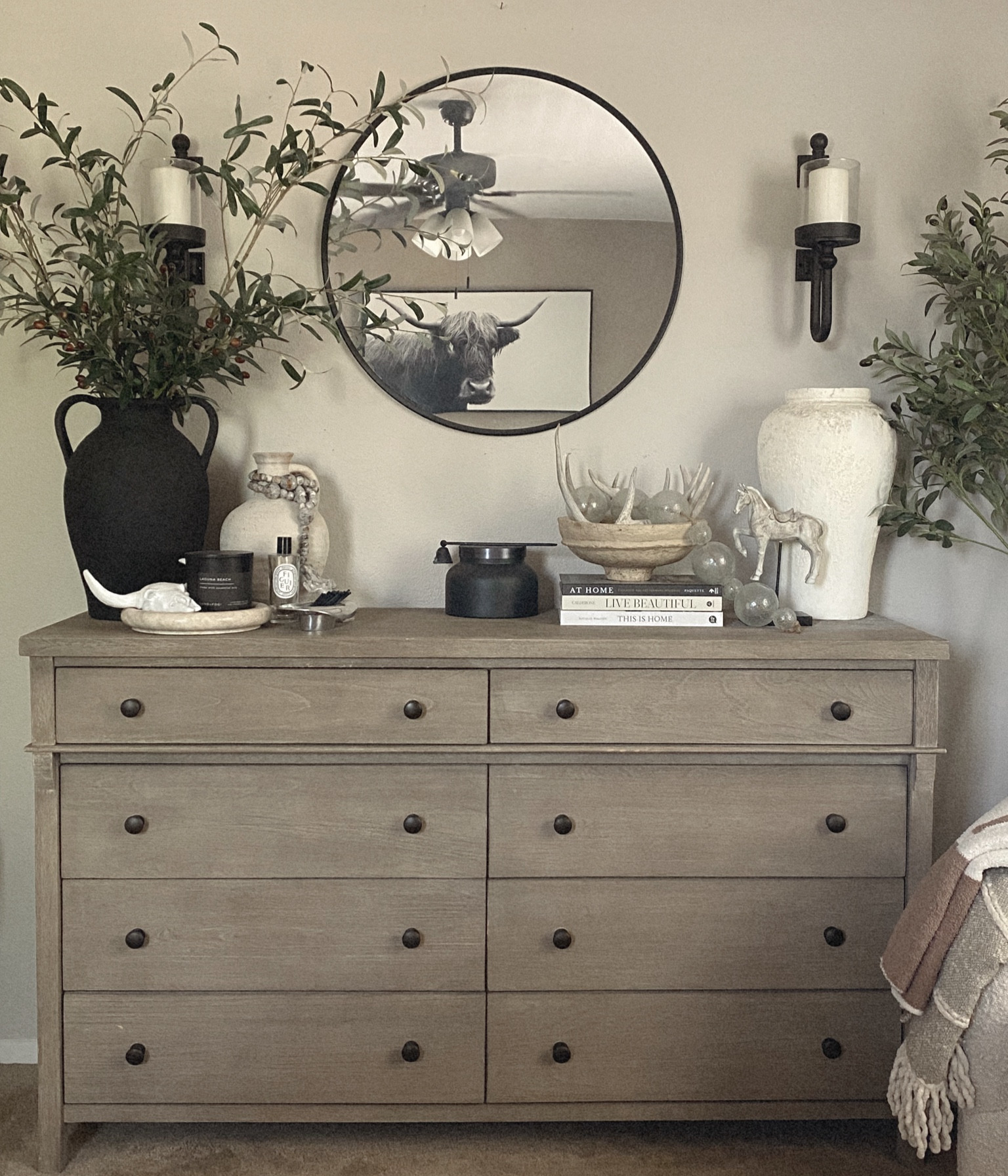 Some exacts + similar linked. All vases are vintage or Homegoods. Olive branches are layered with the 36” Pottery Barn ones + shorter Amazon ones for volume 🌿

Home decor, neutral home, Pottery Barn, Target home, Amazon home, dresser styling, master bedroom

#LTKHome