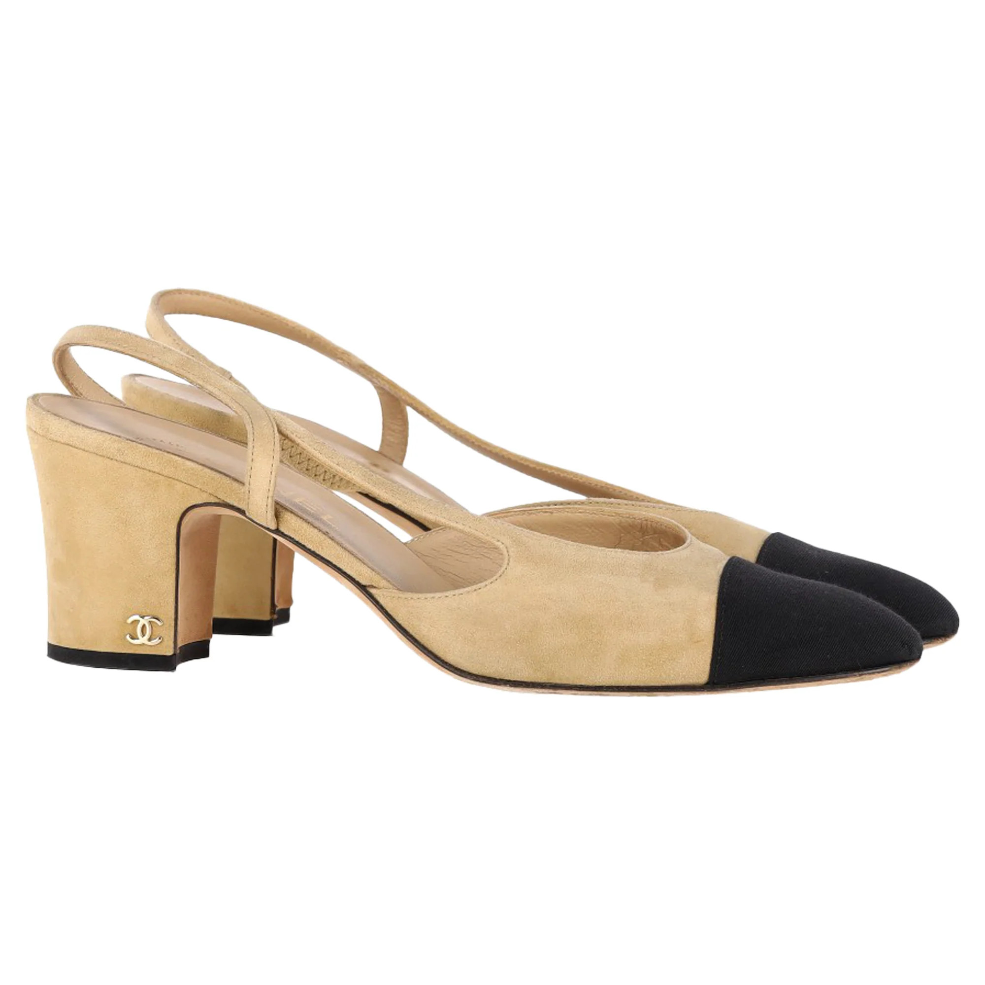 Chanel CC Slingback Pumps in Beige Suede | Shop Simon