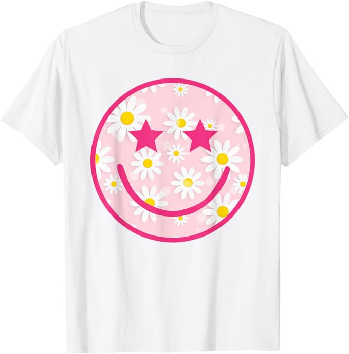 Funny Pink Happy Face Daisy Flower Shirt Smile Face Trendy T-Shirt | Amazon (US)