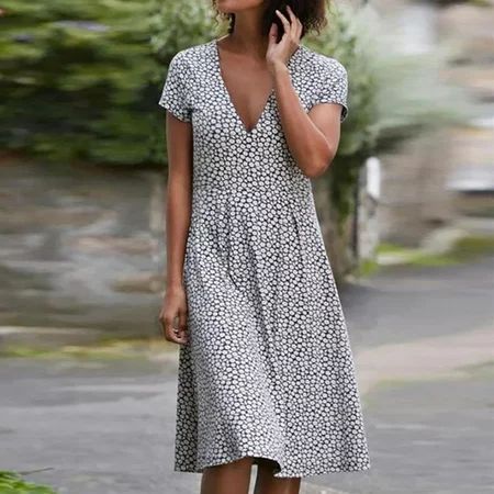TOTO Midi Dresses For Women Floral Printed Short Sleeve Round Neck Dress Casual Polka Dot Midi Dress | Walmart (US)