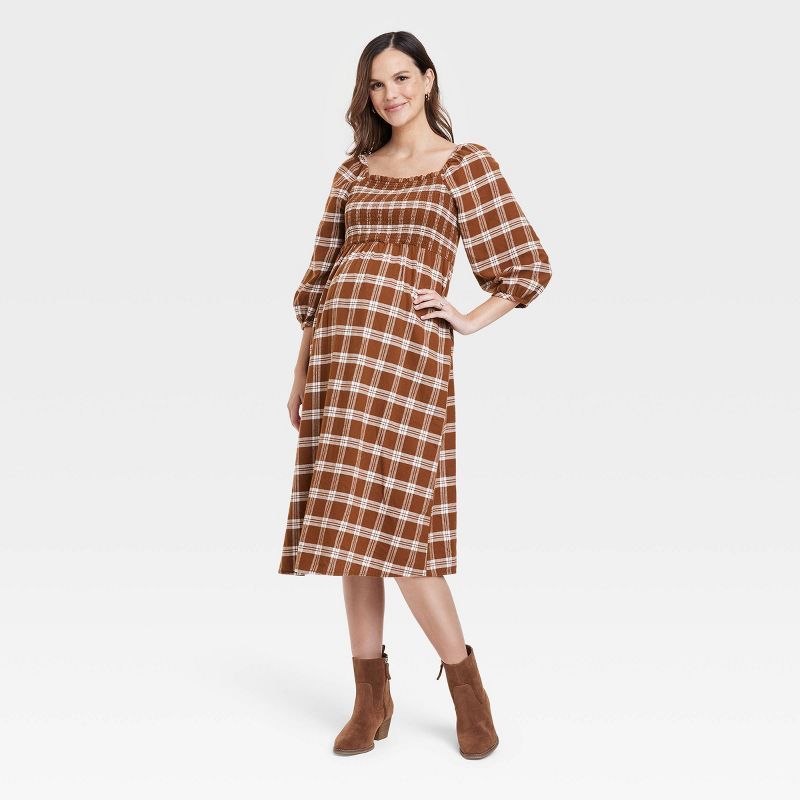 3/4 Sleeve Smocked Flannel Maternity Dress - Isabel Maternity by Ingrid & Isabel™ Brown Plaid | Target