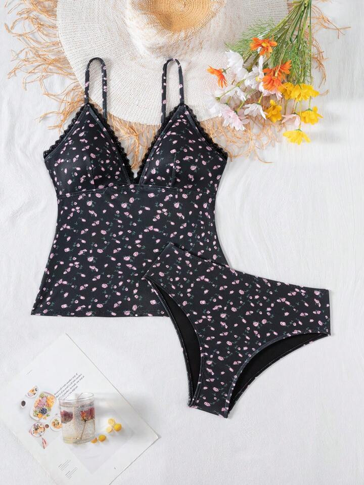 Swim Mod Beach Outfits For Women, Lattice & Lace Patchwork Tankini Swimwear, Sweet Tankini For Beach Vacation, Swimming Pool Party, Casual Summer | SHEIN