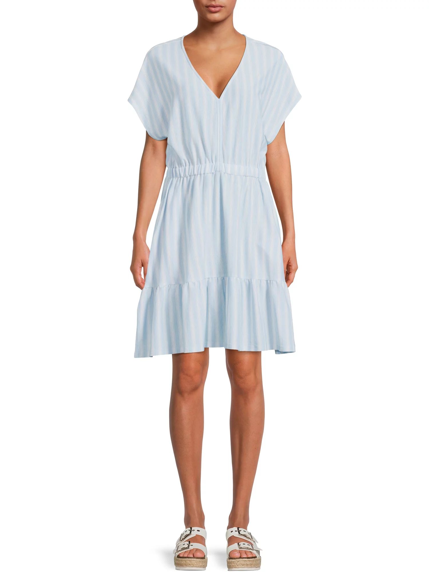 Time and Tru Short Sleeve Knit V-Neck Tiered Dress for Women | Walmart (US)