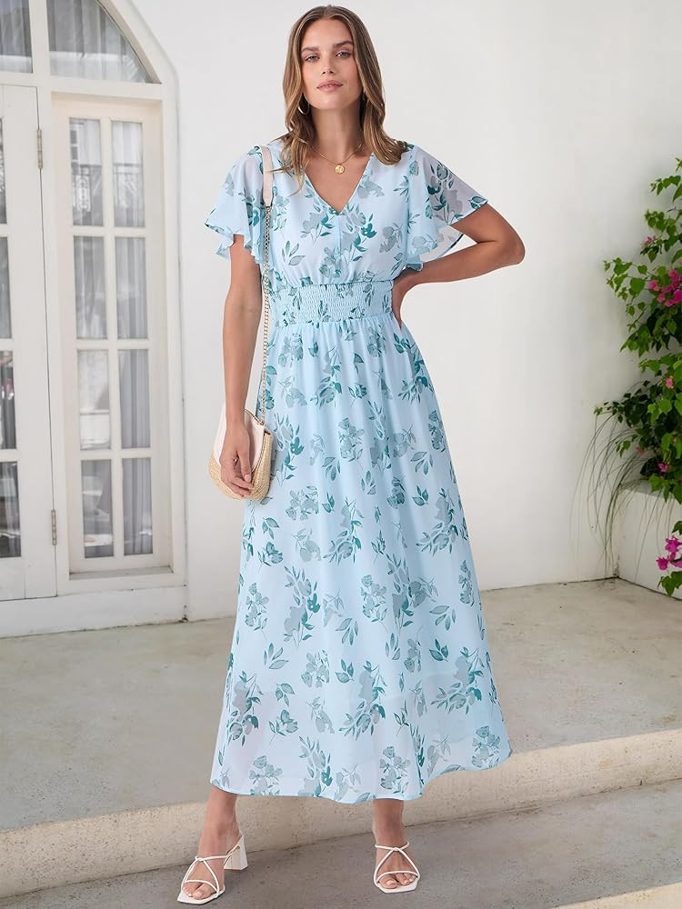 ANRABESS Womens Summer Floral Maxi Dress Casual V Neck Short Sleeve Chiffon Boho Flowy Beach 2026... | Amazon (US)