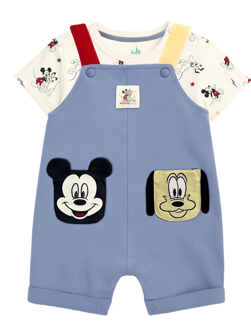 Mickey & Pluto Baby Boy 2 Piece Shortall Set, Sizes 0-24 Months | Walmart (US)