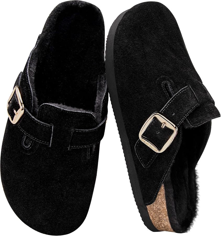 Women's Fuzzy Suede Clogs Leather Mules Fur Lined Soft Non Slip Potato Shoes with Arch Support | Amazon (US)