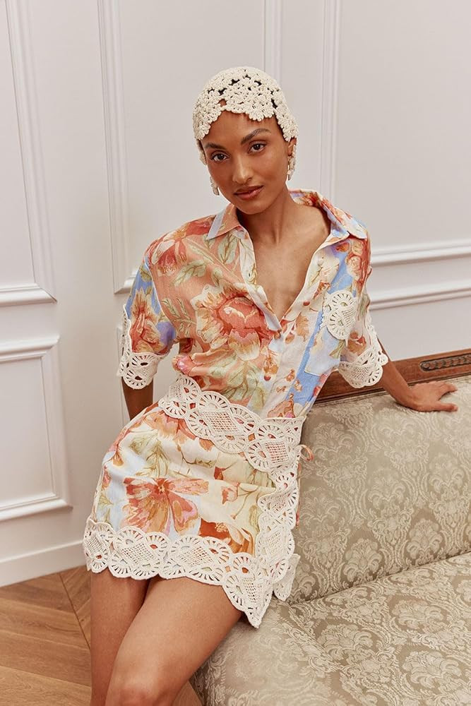 REASERAL Women's Floral Print Two Piece Outfit Lace Trim Short Sleeve Buttons Shirt Top Mini Shor... | Amazon (US)