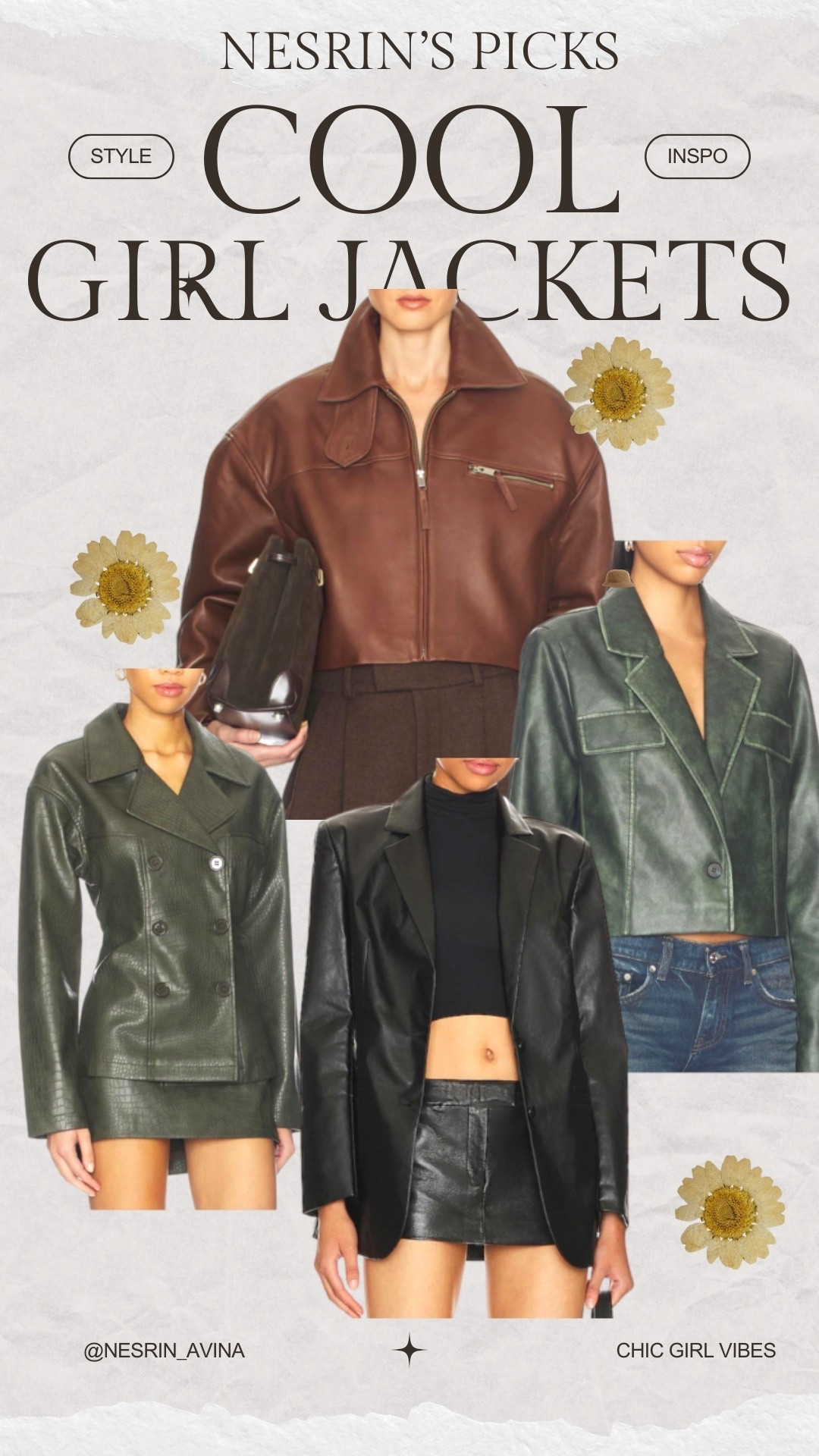 Cool girl jackets
Leather bomber 
Pinterest chic girl vibes 
Cool girl aesthetic