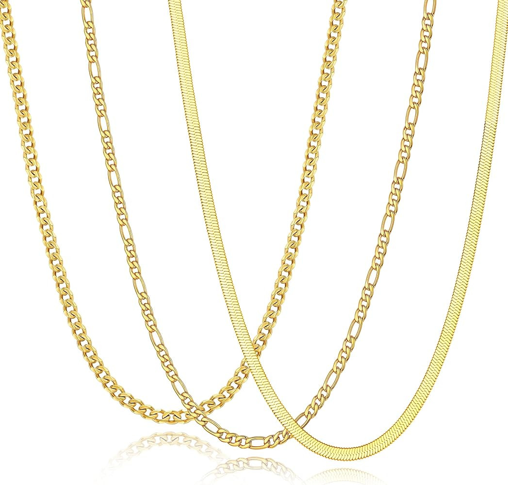 Zocomi 3 PCS Chain Necklace for Men Women, Stainless Steel Cuban Link/Figaro/Herringbone Chains S... | Amazon (US)