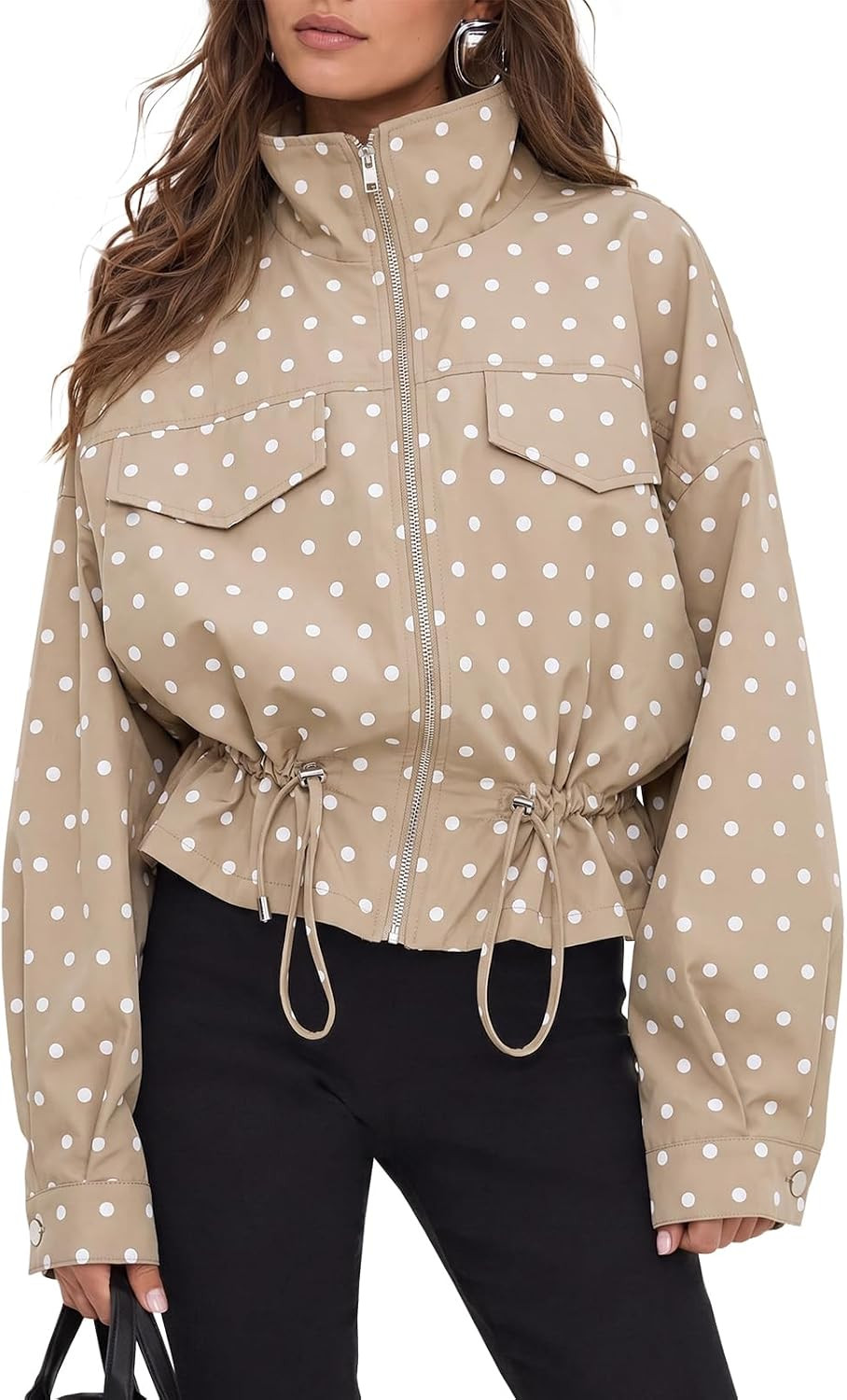 Fisoew Womens Zip Up Casual Jackets Polka Dot Drwatring Fall Trendy Coats | Amazon (US)