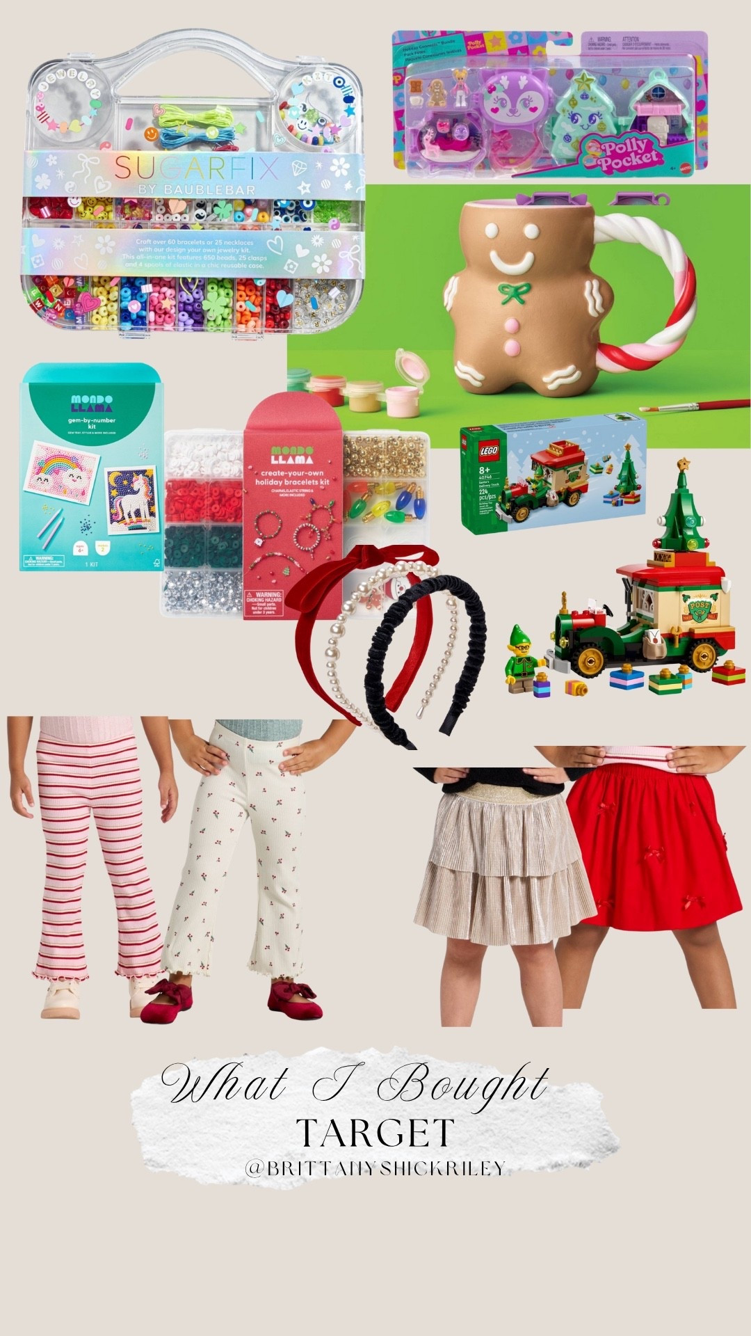 What I Bought: Target Haul - picked up some cute Christmas crafts (paint & bake mugs!),  the cutest bracelet making kit for a birthday gift (ordering one for Halston for Christmas too!) The Christmas Tree Polly Pocket and Lego Santa Truck are cute early Christmas or Christmas Eve Gifts! These little ribbed flared ankle length pants and the long sleeve ribbed tops make the cutest, comfiest little outfits especially for preschool! The holiday headband pack is such a great staple! These cute skirts would be adorable with festive sweatshirts or sweaters, but they do run big in my opinion! 

#LTKGiftGuide #LTKdayinmylife #LTKHoliday