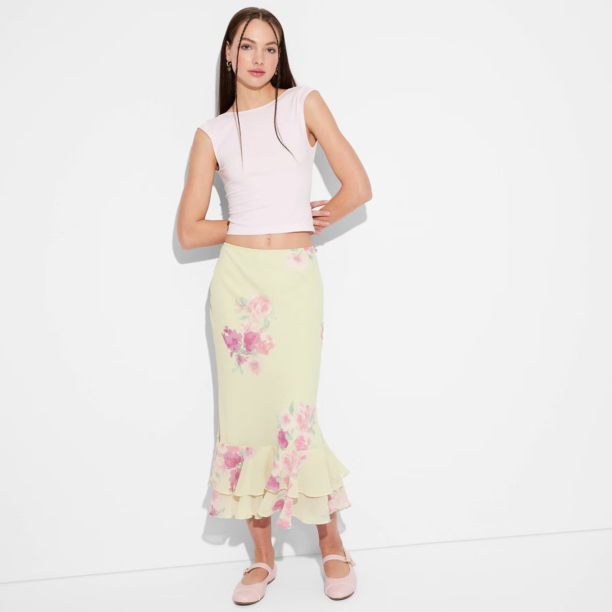 Women's Ruffle Midi A-Line Skirt - Wild Fable™ Light Yellow Floral | Target