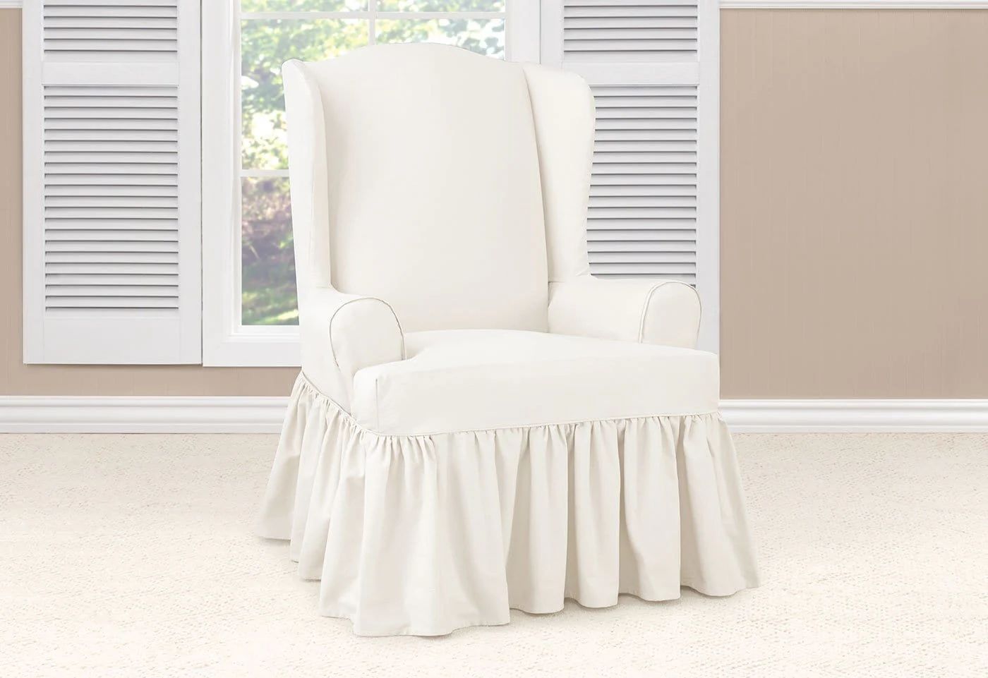 Essential Twill Ruffled Wing Chair Slipcover with Scotchgard | 100% Cotton | Machine Washable | Sure Fit Inc.