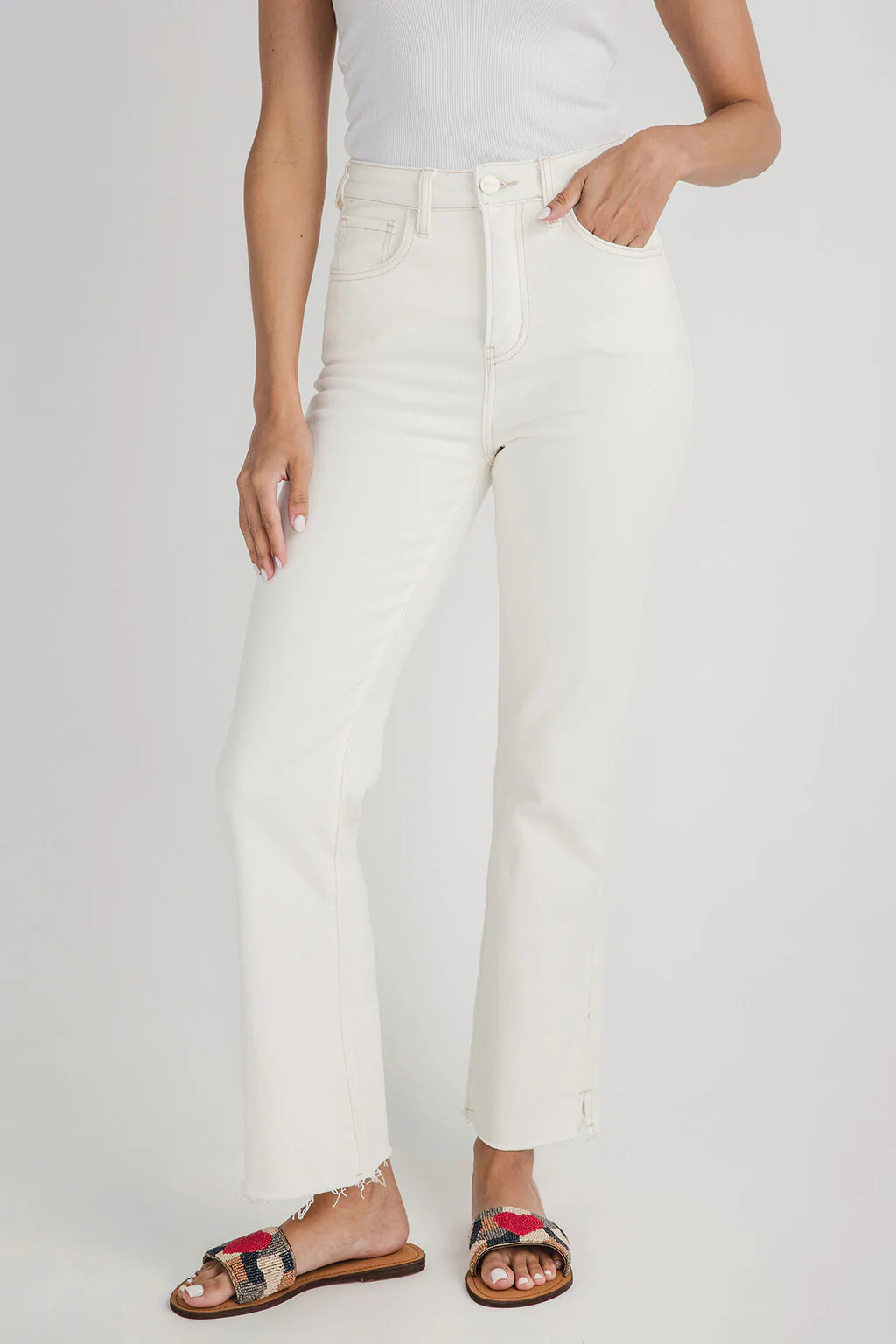 Risen Cream Side Slit Straight Leg Jeans | Social Threads