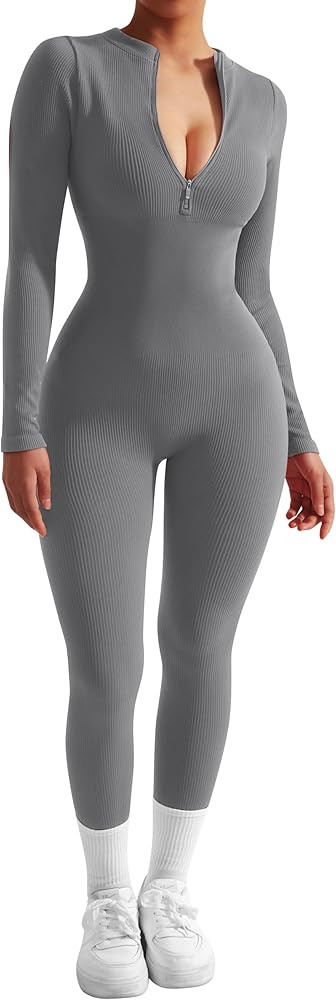 SUUKSESS Women Long Sleeve Ribbed Jumpsuit Zip up Front Workout Bodycon Romper | Amazon (US)