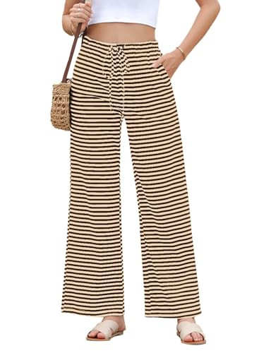 EVALESS Striped Pants Women Casual Wide Leg Drawstring Elastic Waist Trousers Loose Fit Lounge Sweatpants with Pockets Brown Striped X-Large | Amazon (US)