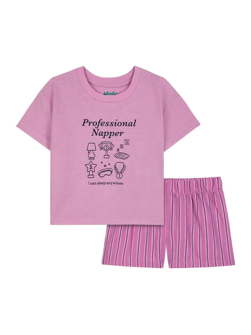 Wonder Nation Girls' Short Sleeve Graphic Tee and Flannel Boxer Short Pajama Set, 2-Piece, Sizes ... | Walmart (US)