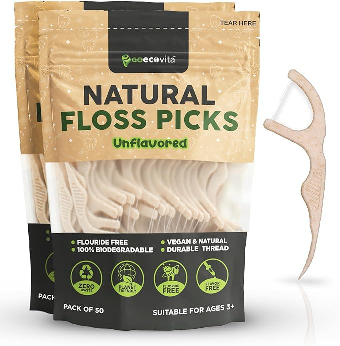 Biodegradable Floss Picks (Unflavored) - Natural Straw Wheat Handle | Thin & Durable Thread for T... | Amazon (US)