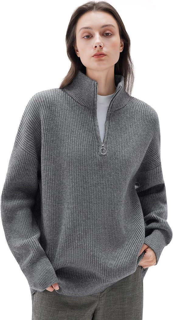 SUUKSESS Women Cashmere Oversized Quarter Zip Pullover Sweater Long Sleeve Collared Ribbed Knit J... | Amazon (US)
