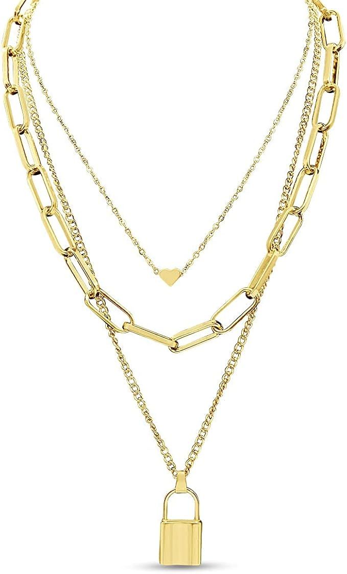 Yellow Gold Tone Layer Necklace, Various Chain Layered Necklaces Perfect For Layering Dainty Laye... | Amazon (US)