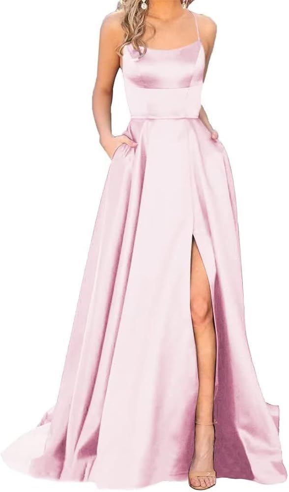 Women's Spaghetti Satin Long Side Slit Prom Dresses with Pockets | Amazon (US)