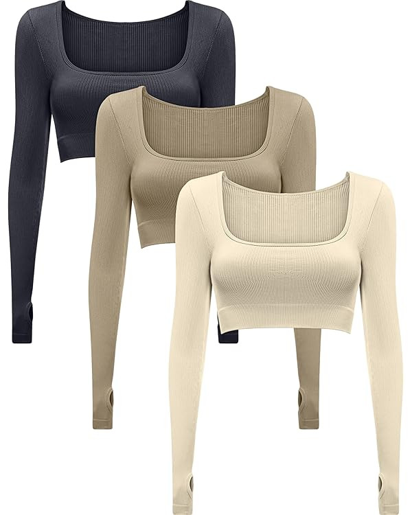 3 Pack Ribbed Seamless Long Sleeve Crop Tops Square Neck Cropped Top Set for Women Workout Gym Yoga | Amazon (US)