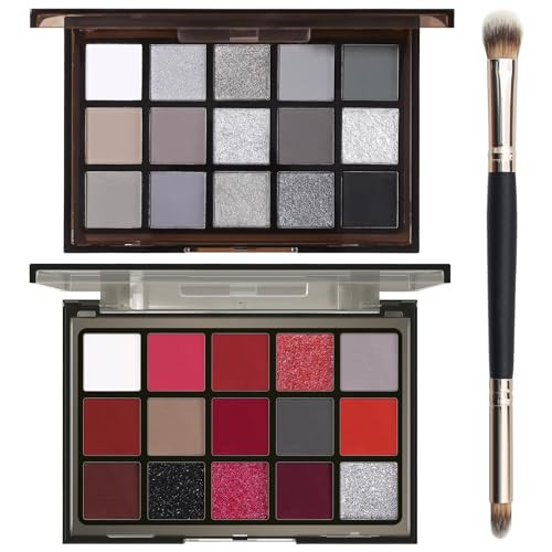 UCANBE 2pcs Halloween Eyeshadow Palette Makeup Set, Black Red Colors Shimmer Matte Metallic Smokey Dark Eye Shadow Pallet with Soft Brush Kit, Goth Eye Make Up for Costume Joker Clown Vampire | Amazon (US)