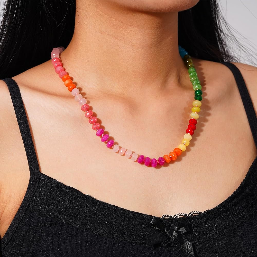 LALAPPLE Colorful Beaded Gemstone Necklace for Women, Boho Rainbow Bead Choker with Natural Stone... | Amazon (US)