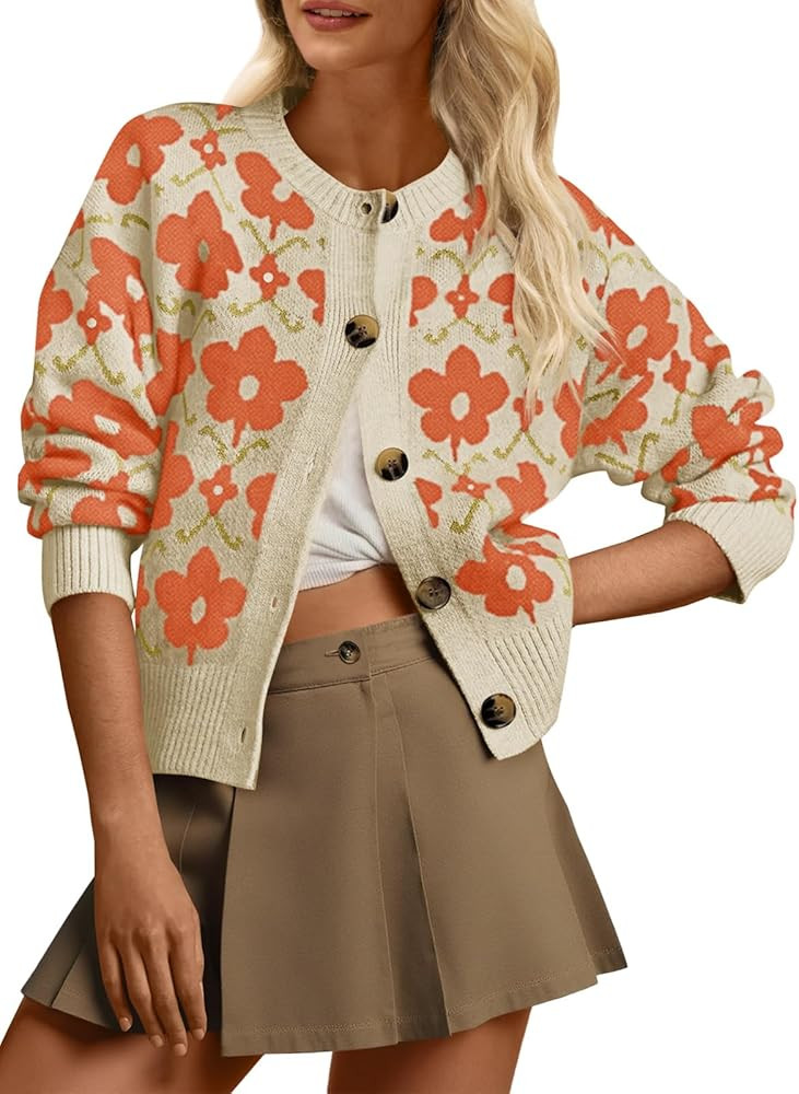 Saodimallsu Womens Floral Cardigan Sweaters Long Sleeve Open Front Button Down Knit Retro Sweater... | Amazon (US)