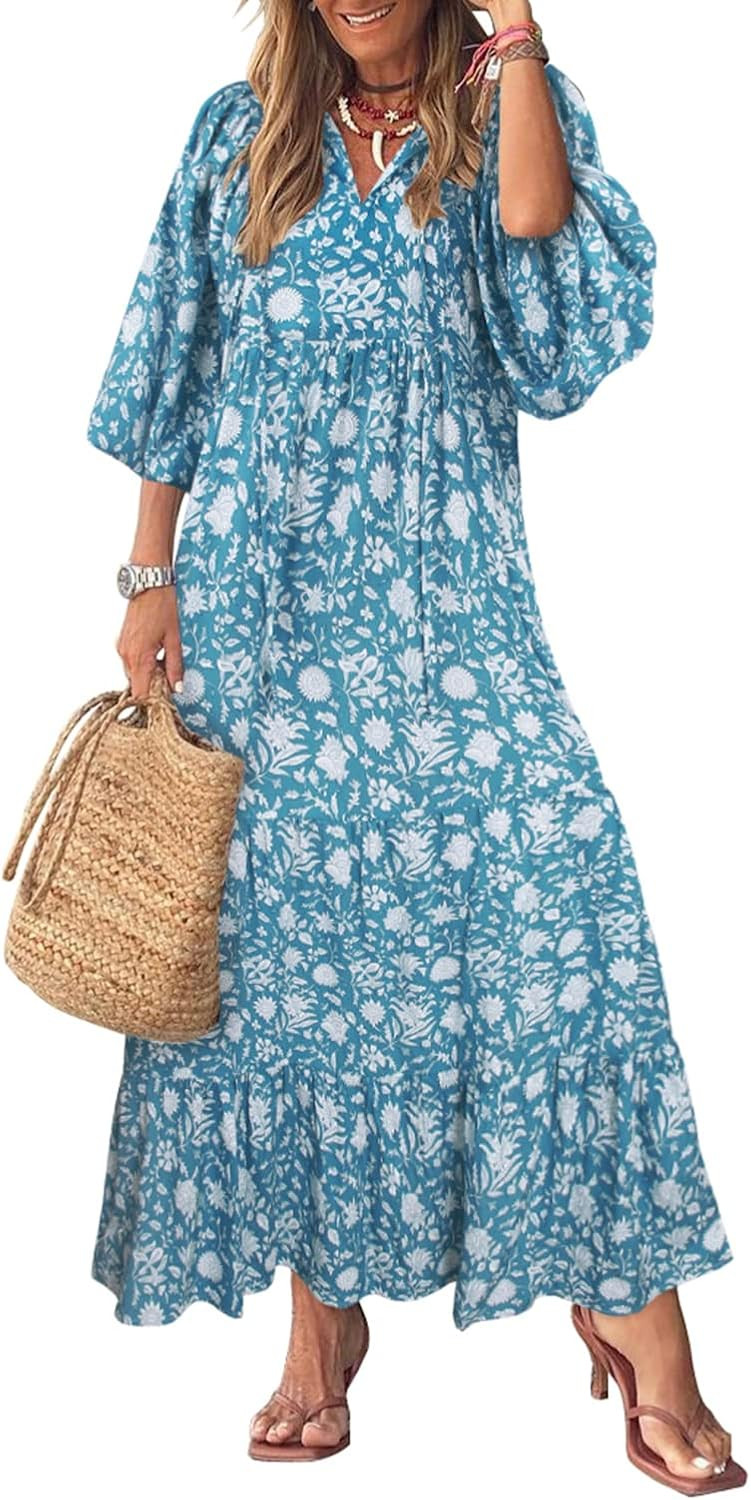miduo Womens Loose Fit Casual Summer V Neck Half Sleeve Bohemian Geometric Pattern Maxi Long Dres... | Amazon (US)