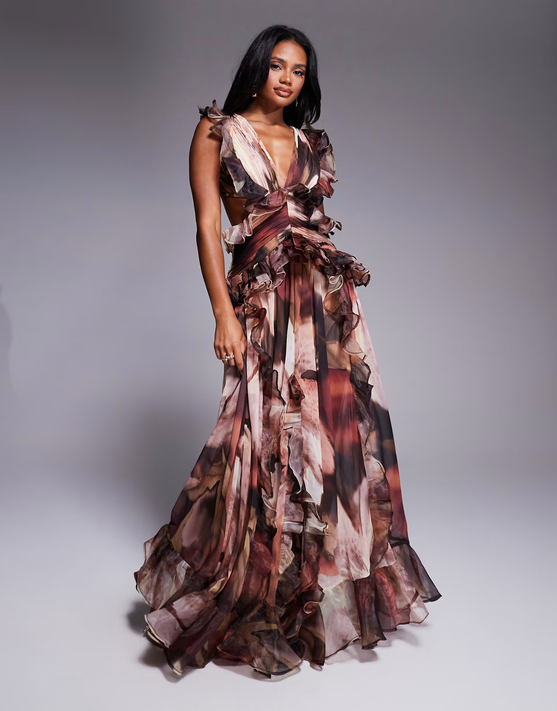 ASOS LUXE plunge maxi dress with ruched chiffon detail & open back in brown floral | ASOS (Global)
