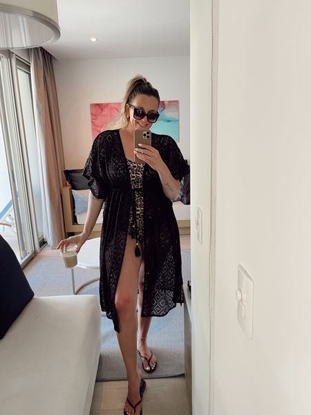 Wearing a large in the cover up and XL on the swimsuit! Swimsuit is full coverage and the cover up is from Walmart! Swim cover up, black coverup, animal print swimsuit, midsize swim.

#LTKU #LTKcurves #LTKunder50