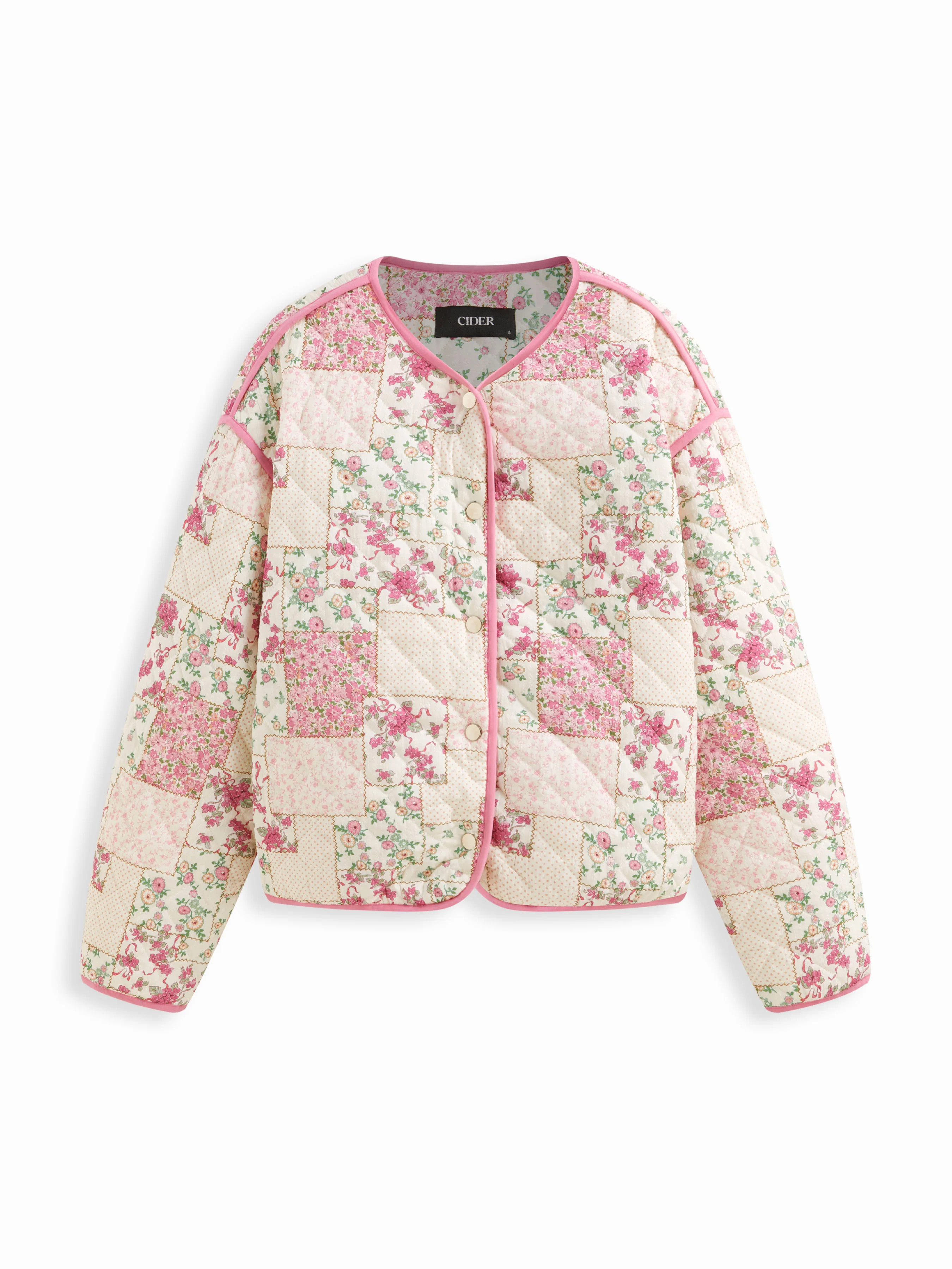 Woven Floral V-neck Contrasting Binding Button Oversized Puffer Jacket For Daily Casual | Cider