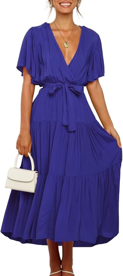 TEMOFON Women's Maxi Dress Summer Short Sleeve Chiffon Dresses Casual V Neck Tie Waist Formal Dre... | Amazon (US)