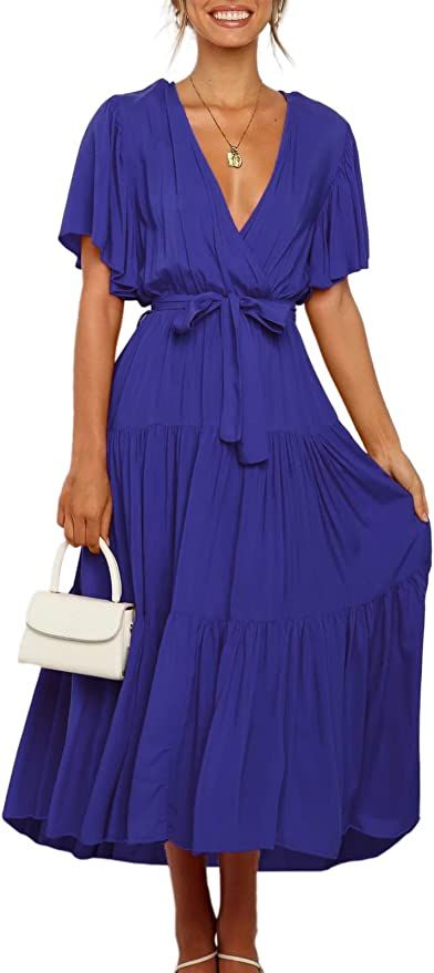 TEMOFON Women's Maxi Dress Summer Short Sleeve Chiffon Dresses Casual V Neck Tie Waist Formal Dre... | Amazon (US)