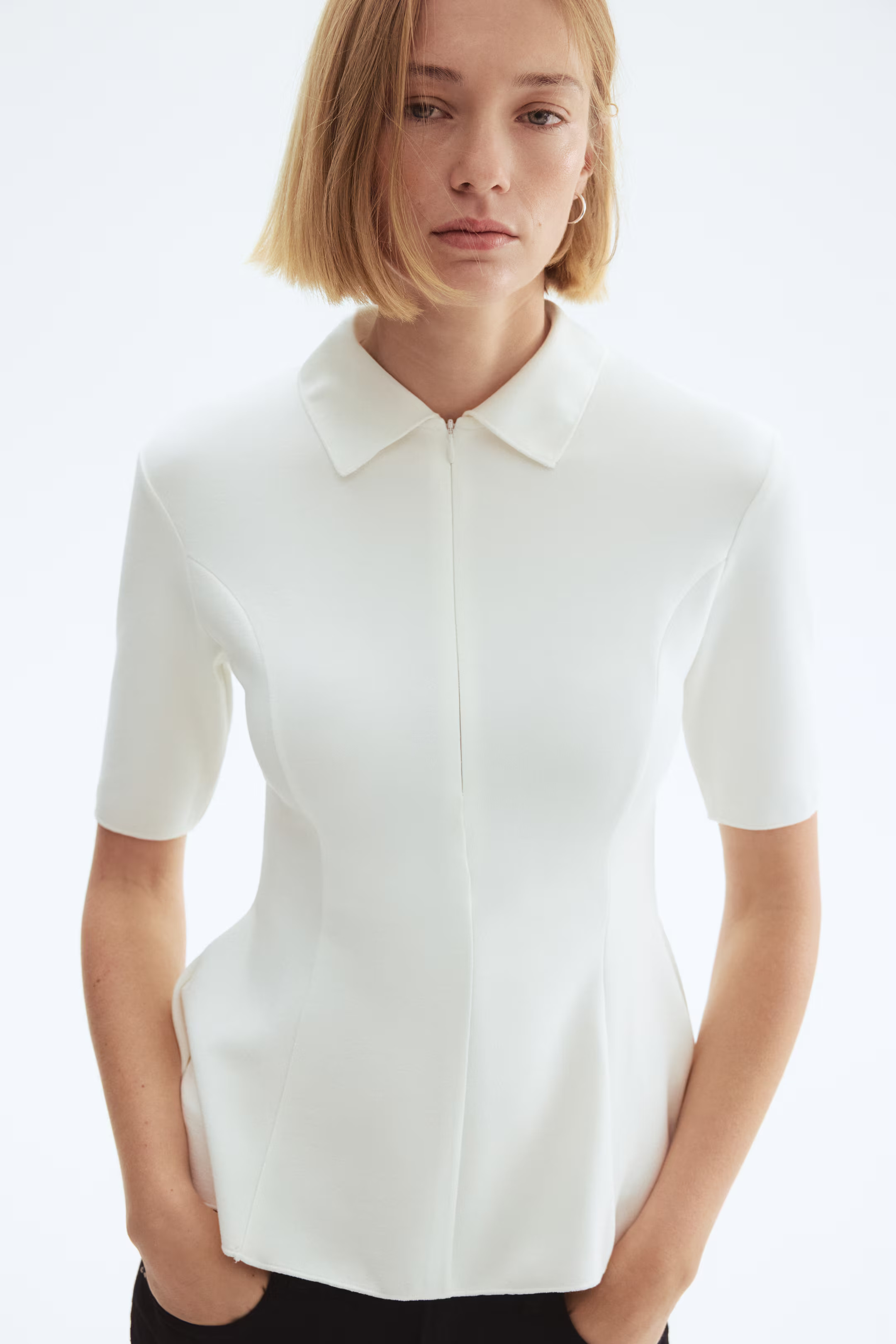 Collared interlock top - White - Ladies | H&M GB | H&M (UK, MY, IN, SG, PH, TW, HK)