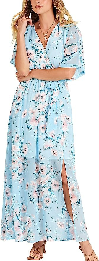 ANRABESS Women’s Summer Loose Kimono Maxi Dress Wrap V Neck 3/4 Sleeve Floral Print Slit Long D... | Amazon (US)