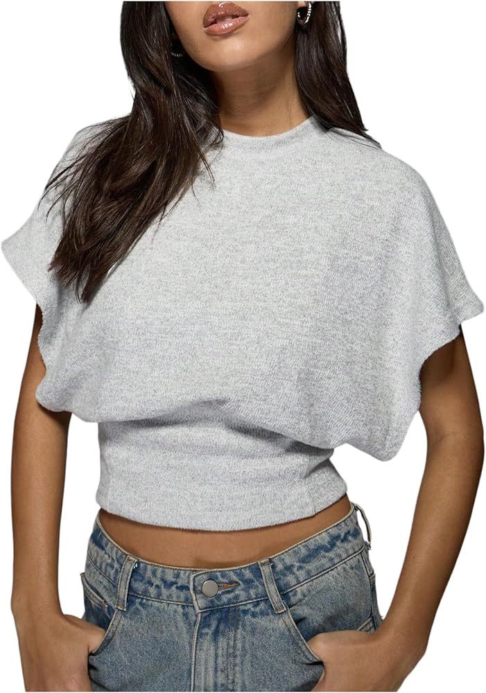 BEAUDRM Women's Casual Cinched Waist Tops Cap Sleeve Wrap Top Dolman Sleeve Cropped Spring Summer... | Amazon (US)