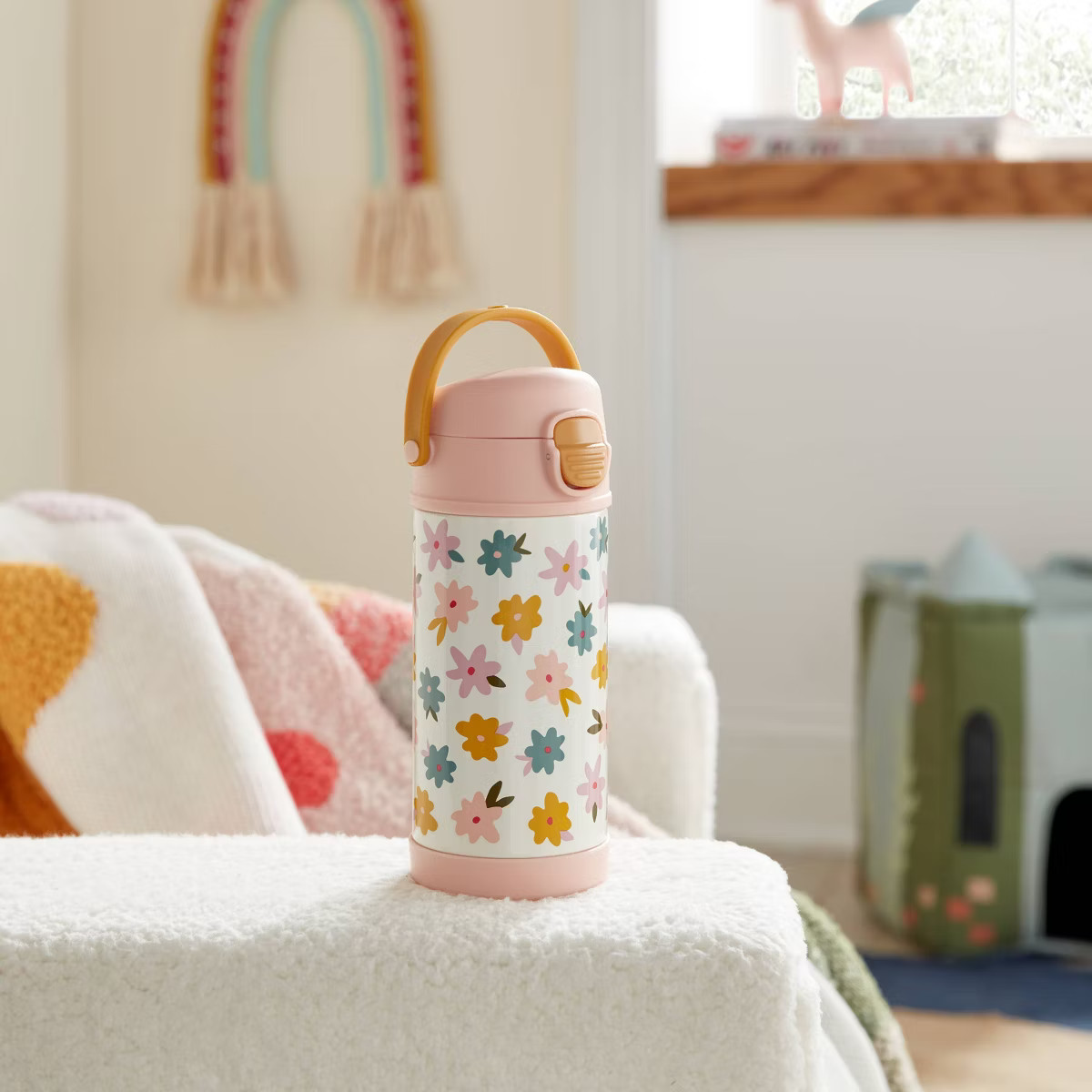 Kids' 12oz Checkered Stainless Steel Portable Drinkware Water Bottle Pink - Pillowfort™ | Target