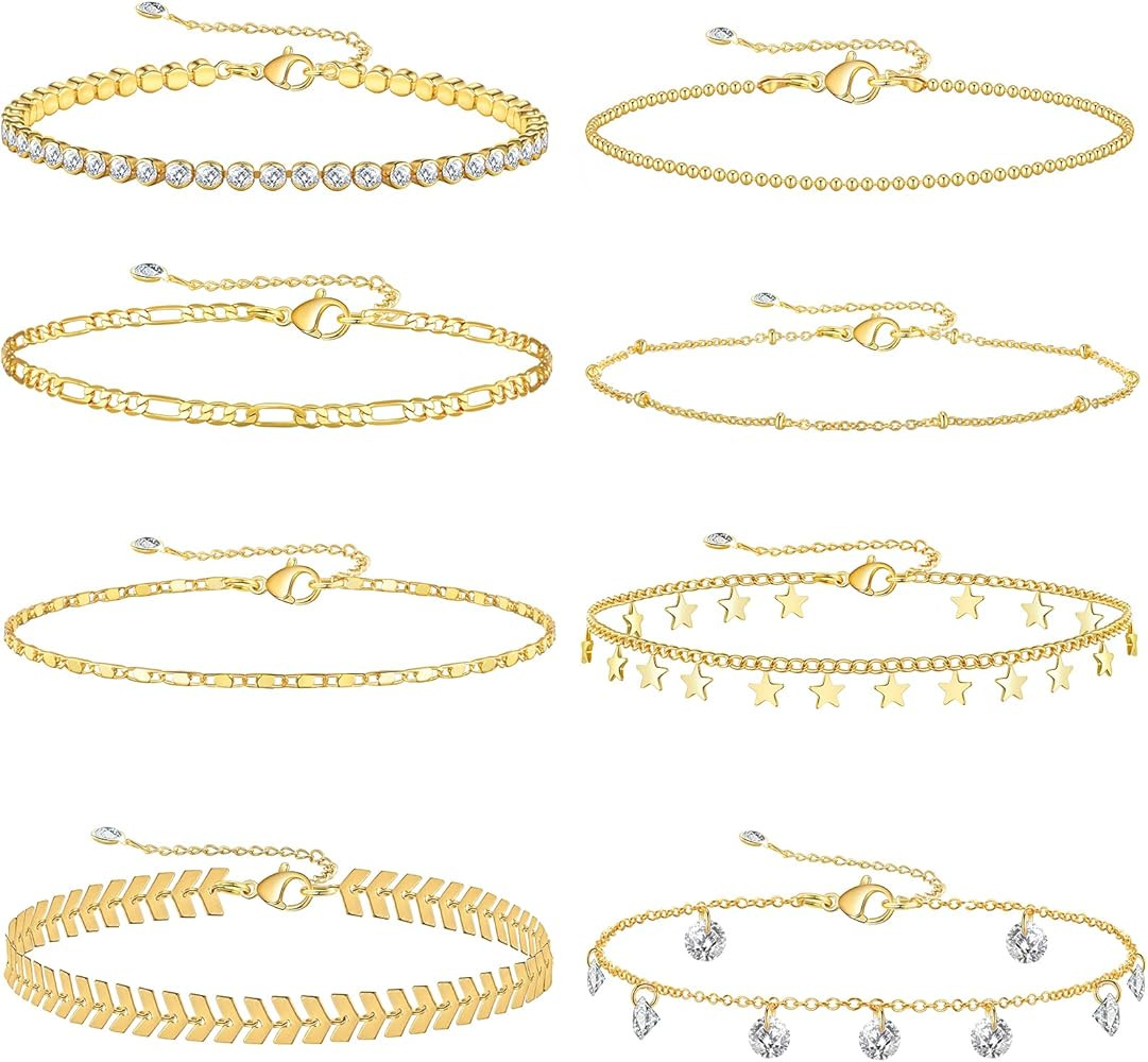 4/8 PCS 18K Gold Plated Multi-style Adjustable Charm Anklet Bracelets with CZ for Women & Teen Gi... | Amazon (US)