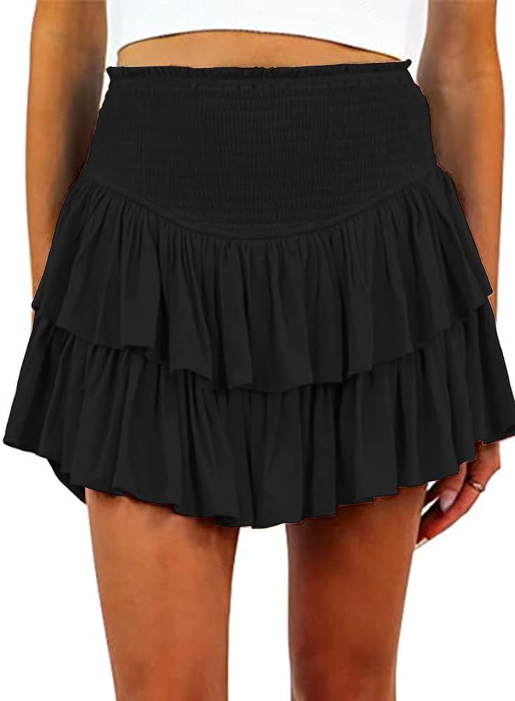Women Mini Skirts Smocked A Line Flared Ruffle Hem Casual Short Skirt Shorts | Amazon (US)