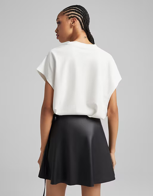 Bershka faux leather skater skirt with wrap around detail in black | ASOS (Global)